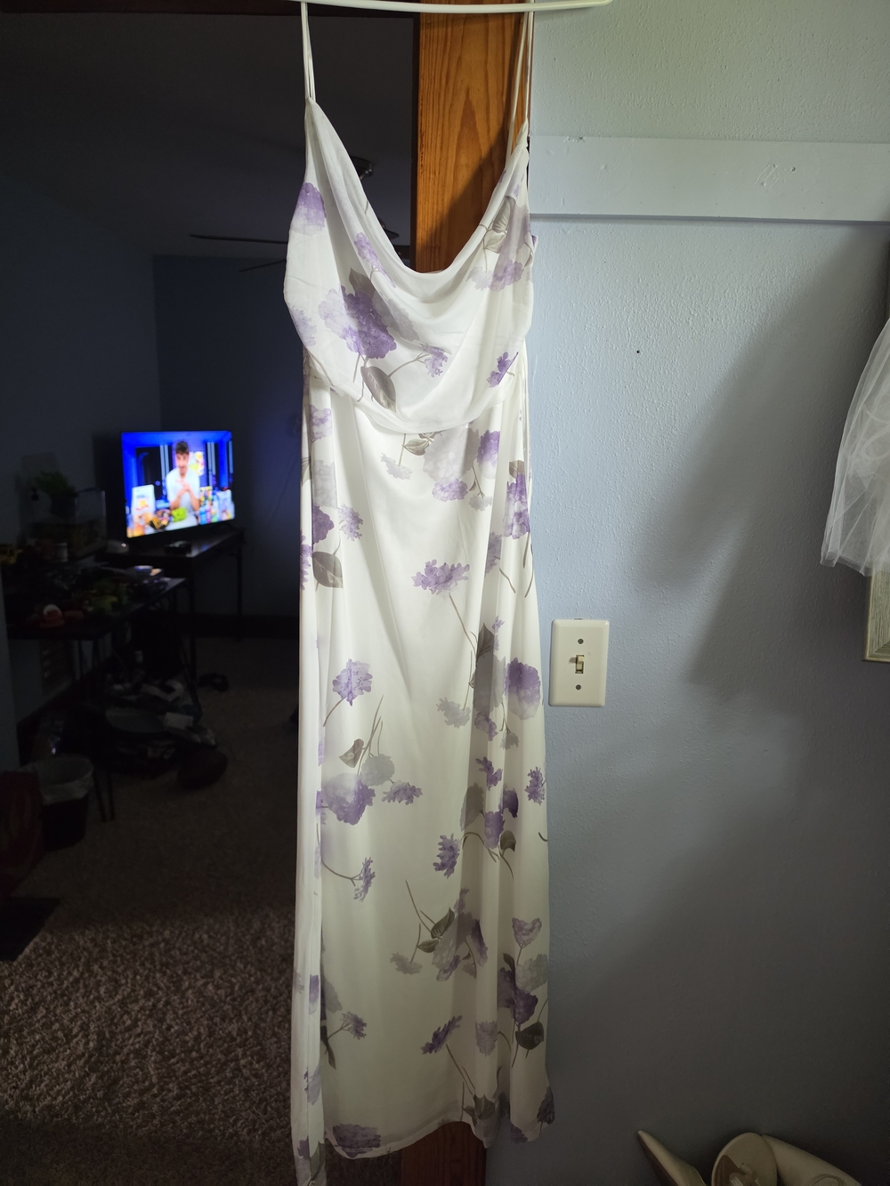 White & Lavender Floral Cowl Neck Midi Dress